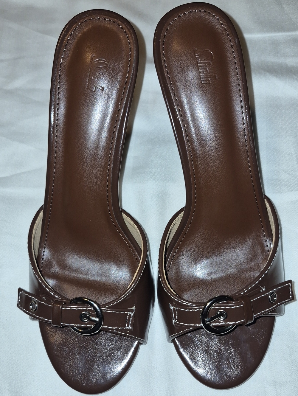 Women's Brown Slide Heels with Buckle Accent